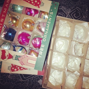Vintage ornaments were each cushioned by tissue for storage by original owner